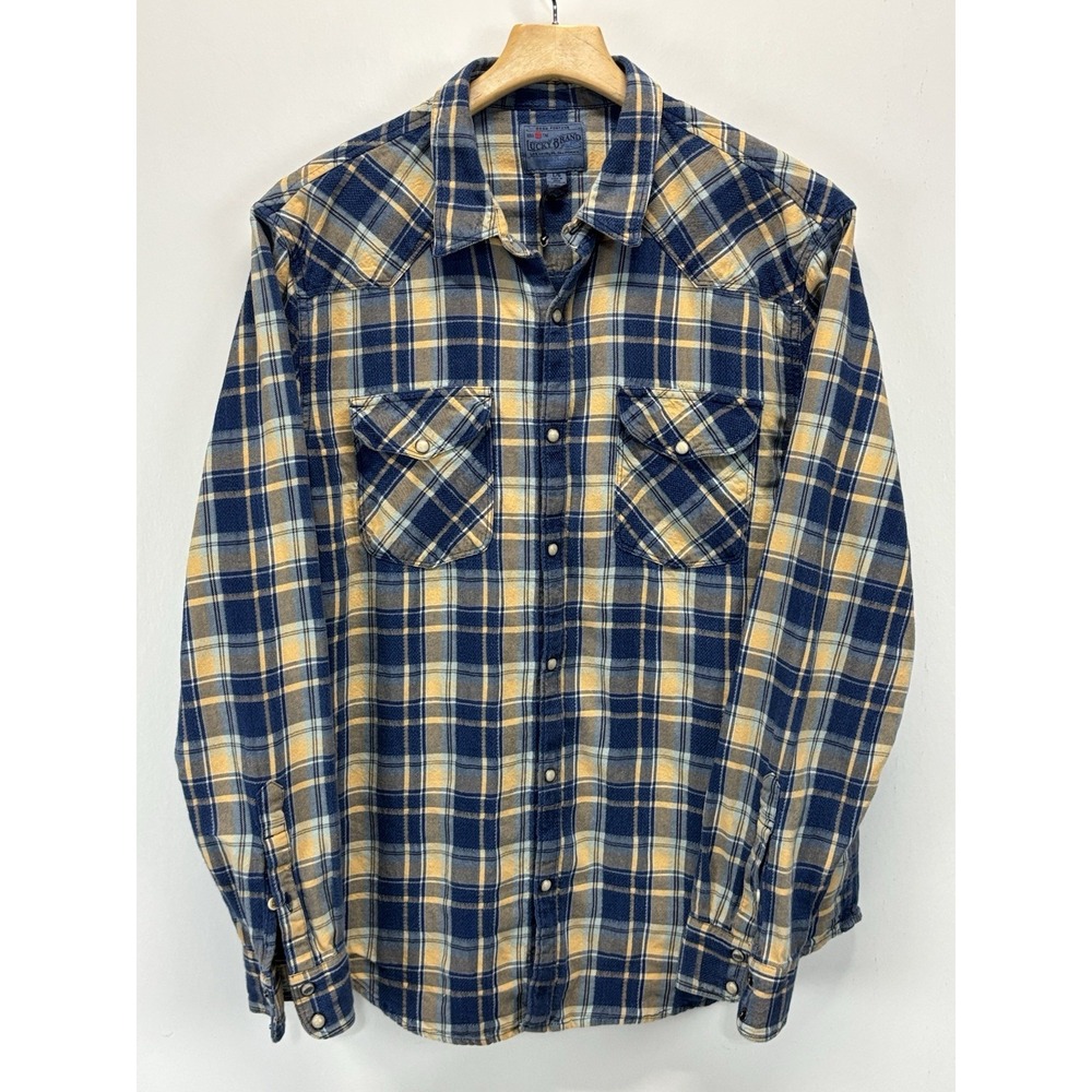 LUCKY BRAND Men's Large Classic Fit True Indigo Pearl Snap Plaid Shirt Western